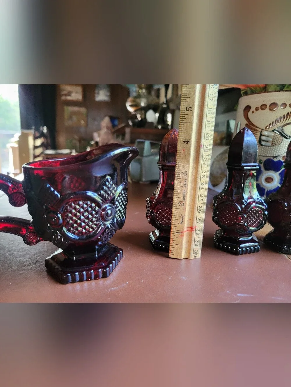 Vintage Avon 1876 Cape Cod Ruby Red Glass Creamer & 3 Shakers